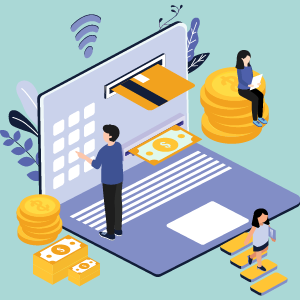 Illustration of an electronic banking statement featuring currency and credit cards.