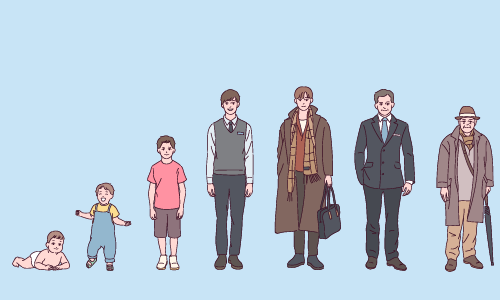 Illustration of human growth and development, showing stages from infancy to old age.
