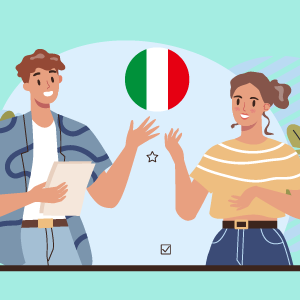 Illustration of two people talking with an Italian flag in the background, promoting a Learn Italian Language Course