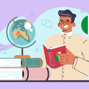 An illustration of a person holding a book with an Italian flag on the cover, with a world map beside them and an Italian flag in the background, promoting a Learn Italian Language Course.
