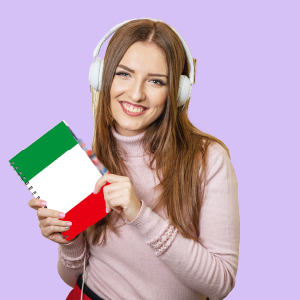 A smiling Italian girl wearing white headphones, holding a notebook with an Italian flag design.