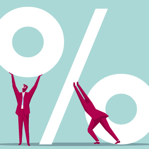 Illustration of two people with a percentage sign, representing Mathematics Fundamentals - Percentages.
