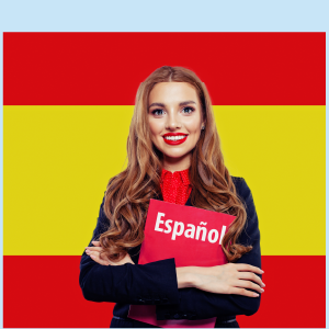 A Spanish girl smiling with the Spanish flag in the background.