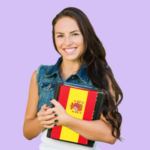 A Spanish girl holding a Spanish flag in her hand.