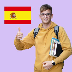 A Spanish man holding documents in his hand, with a Spanish flag beside him.