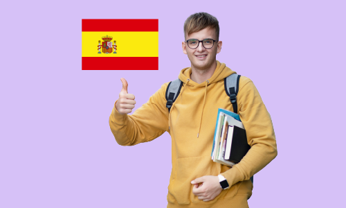 A Spanish man holding documents in his hand, with a Spanish flag beside him.