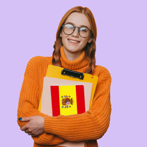 A happy Spanish girl holding a document in front of her chest