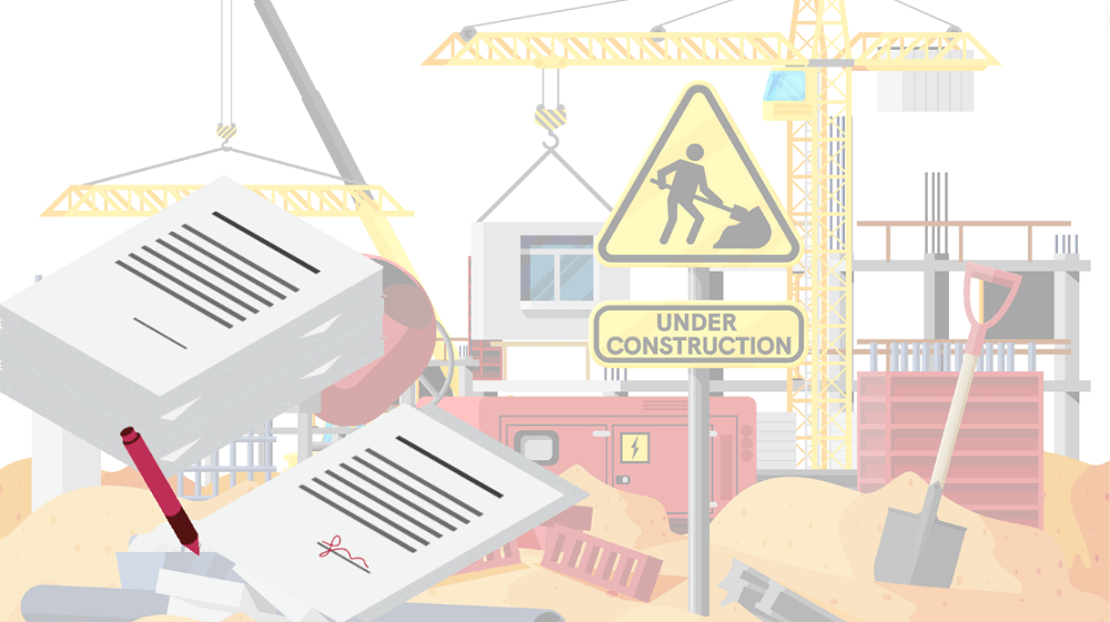 Illustration of a construction site with various equipment under construction