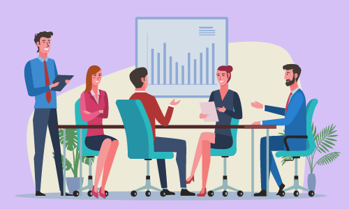 Illustration of Perikles discussing business operations in a professional setting.