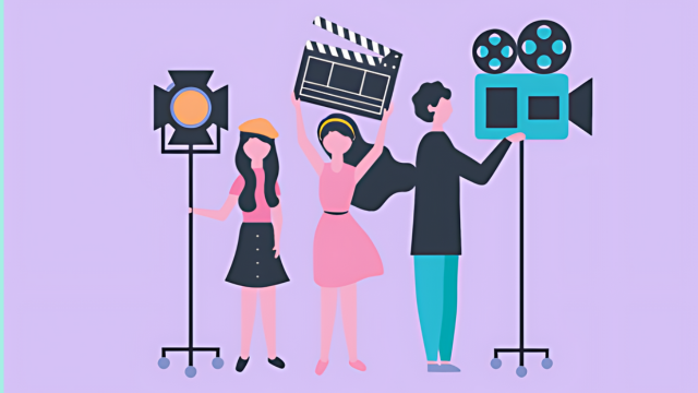 “Illustration of film crew with studio lighting, clapperboard, and movie camera on purple background for cinema production concept.”