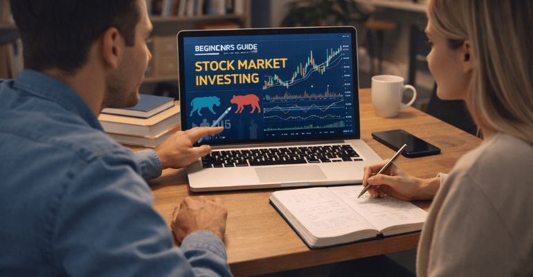 Beginners learning stock market investing by analysing charts on a laptop, with notes and educational materials, illustrating introductory stock market investing concepts.