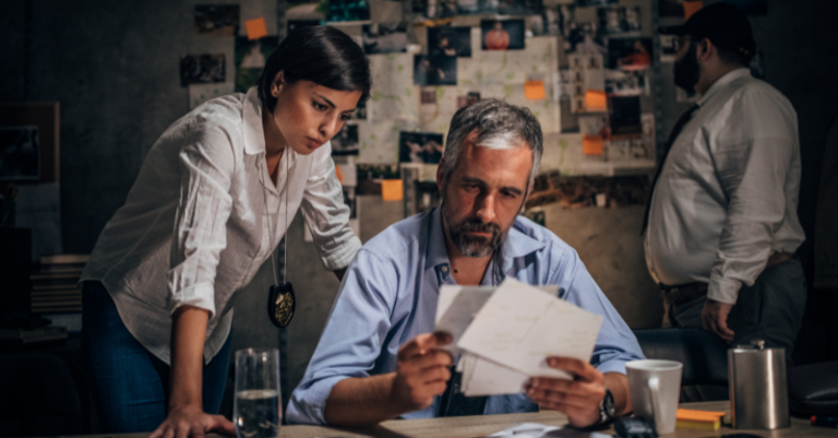 Group of detectives in the UK looking at evidence, while another detective in the background examines a wall covered with photographs and clues.