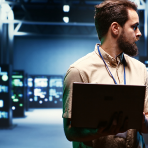 “IT professional with obscured face holding a laptop in a server room.”
