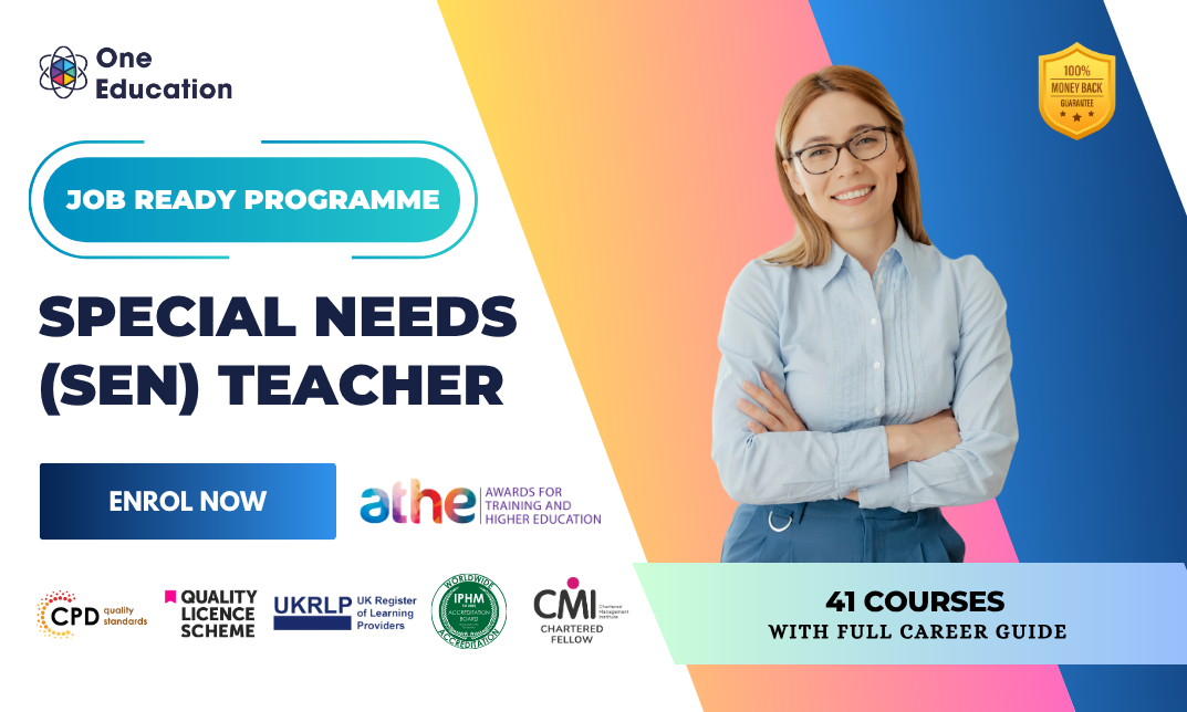 Special Needs (SEN) Teacher Job Ready Programme banner highlighting 41 accredited courses and full career guide, endorsed by CPD, UKRLP, IPHM, and Quality Licence Scheme.