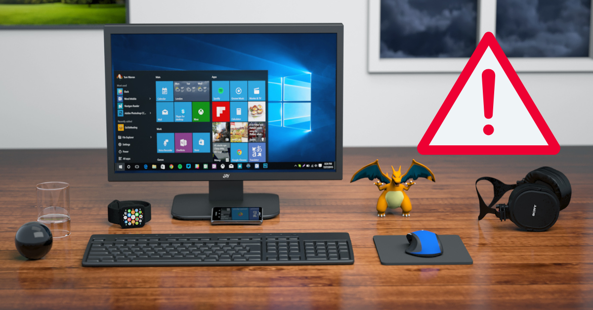 Computer Learning Mistakes A desktop with a Windows interface keyboard mouse and accessories featuring a warning triangle to highlight common errors in computer learning