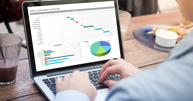 Microsoft Excel in use for project tracking with visual tools including task timelines, progress bars, and task distribution chart