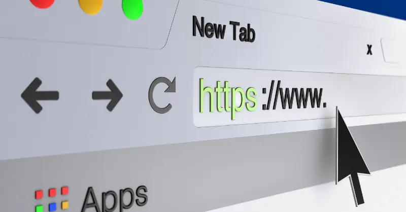 Using web browser to type a secure HTTPS website URL in the address bar, illustrating safe and efficient internet navigation