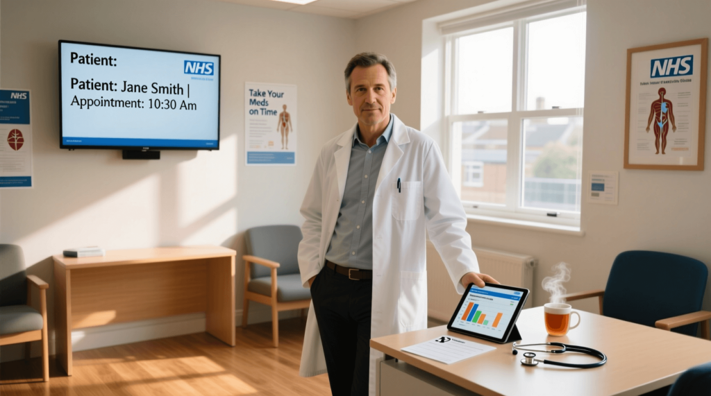 Clinical Pharmacist (GP Practice) providing patient-centered care in an NHS clinic, supported by digital health tools, prescription management, and health awareness posters.