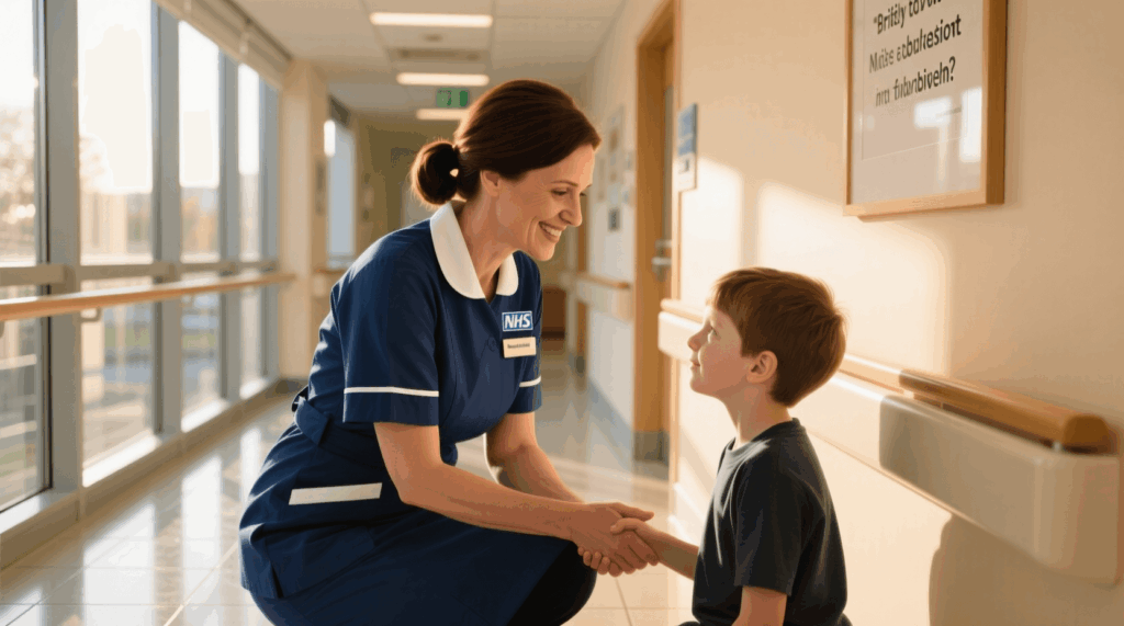 NHS nurse and smiling child patient shaking hands in a bright hospital children's ward. Pediatric care and patient experience.
