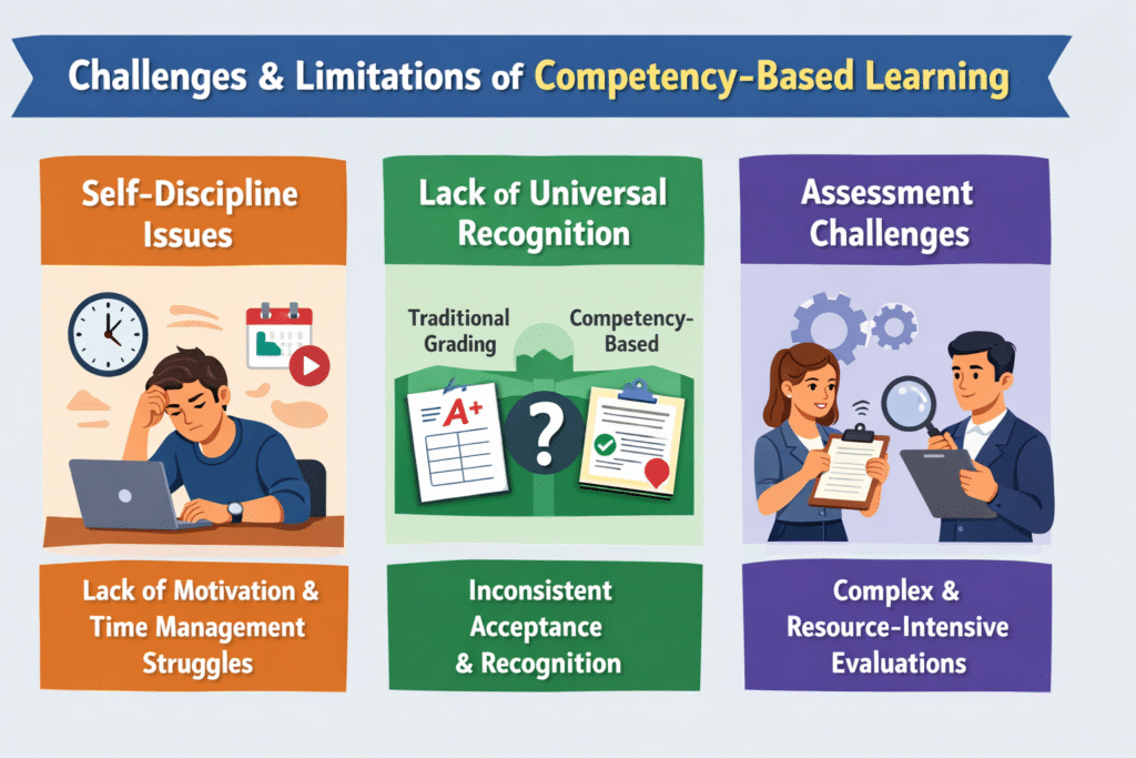 Challenges and Limitations While competency-based learning offers flexibility and personalised progress, it also comes with certain challenges that can impact its effectiveness. One of the primary concerns is the need for strong self-discipline. Since learners often progress at their own pace, those who lack motivation or time-management skills may struggle to stay consistent and complete the programme successfully. Another limitation is that competency-based learning is not yet universally adopted. Many institutions and employers still rely on traditional grading systems, which can create inconsistencies in recognition and acceptance. As a result, learners may sometimes find it difficult to align competency-based achievements with conventional academic or professional expectations. Additionally, designing effective assessments within this model can be complex. Measuring true competency requires well-structured, practical, and often personalised evaluation methods. This can demand more time, expertise, and resources from educators, making implementation more challenging compared to standard assessment approaches.