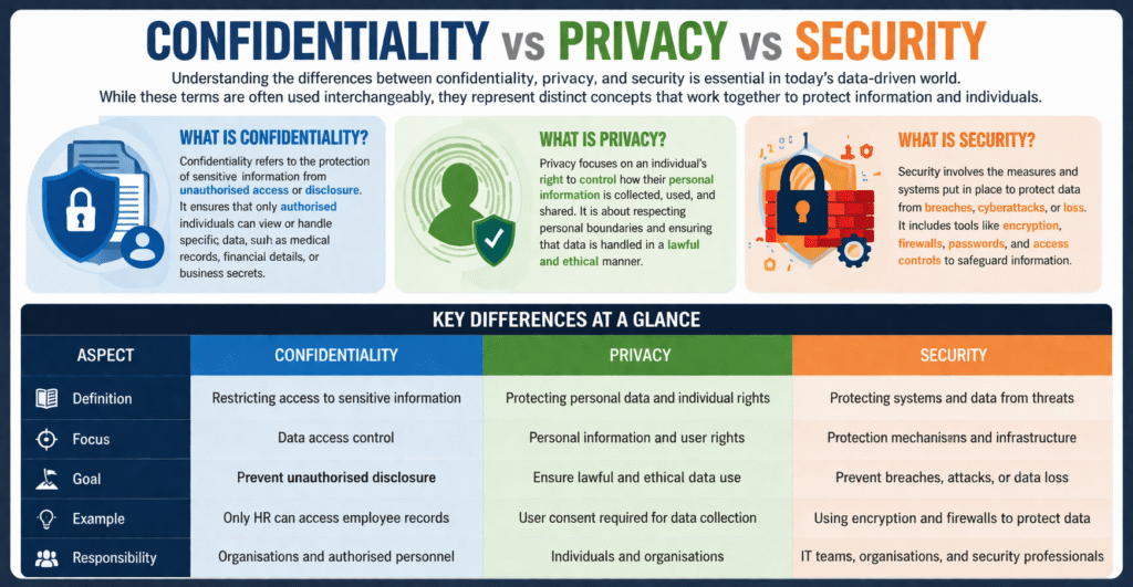 Confidentiality, privacy, and security explained