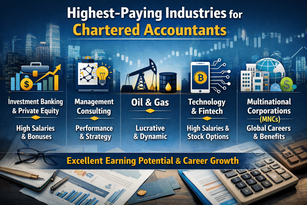 Highest-Paying Industries for Chartered Accountants Chartered Accountants can earn high salaries by working in industries that involve complex financial decisions and large-scale operations. Some of the top-paying sectors include: Investment Banking & Private Equity Offers some of the highest salaries due to involvement in mergers, acquisitions, and investment strategies, along with strong bonus potential. Management Consulting CAs help businesses improve performance and strategy, making them highly valuable and well-compensated in consulting firms. Oil & Gas A capital-intensive global industry where CAs manage complex finances, leading to competitive pay and additional benefits. Technology & Fintech Rapidly growing sector offering high salaries, stock options, and opportunities to work with innovative financial systems. Multinational Corporations (MNCs) Provide strong salary packages, global exposure, and career growth through roles in financial reporting, compliance, and strategy. Overall, these industries offer excellent earning potential and long-term career growth for Chartered Accountants.