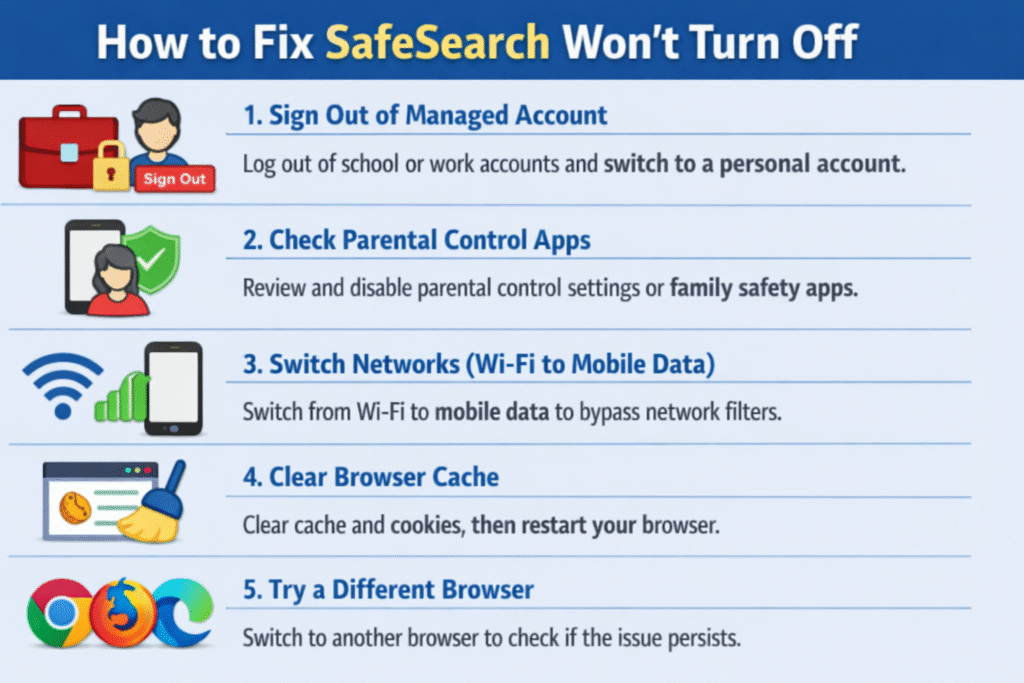 How to Fix SafeSearch Won’t Turn Off If SafeSearch won’t turn off, it is usually due to account restrictions, network settings, or browser issues. Below are simple and effective methods to resolve the problem quickly. 1. Sign Out of Managed Account If you are using a school, work, or family-managed account, SafeSearch may be locked by default. Sign out of that account and switch to a personal account. Managed accounts often enforce restrictions that you cannot change manually. 2. Check Parental Control Apps Parental control tools or family safety apps can force SafeSearch to stay on. Review apps like device parental controls or family settings and disable SafeSearch restrictions if needed. You may require admin permission to make changes. 3. Switch Networks (Wi-Fi to Mobile Data) Sometimes, your network provider or Wi-Fi router enforces SafeSearch. Try switching from Wi-Fi to mobile data or another network. If SafeSearch turns off, the issue is likely network-level filtering. 4. Clear Browser Cache Stored cache and cookies can cause settings to remain stuck. Clear your browser cache and cookies, then restart the browser. This often resolves persistent SafeSearch issues. 5. Try a Different Browser If the problem continues, switch to another browser. Sometimes browser-specific extensions or settings interfere with SafeSearch controls. Testing on a different browser helps identify if that’s the cause.