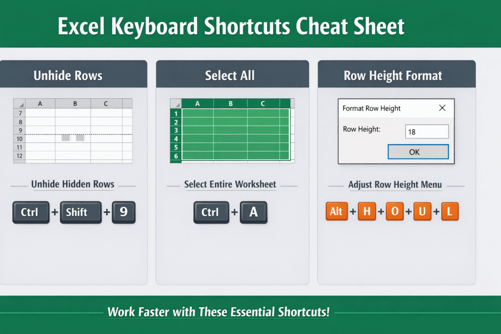 Keyboard Shortcuts Cheat Sheet Working efficiently in Excel often comes down to how well you use keyboard shortcuts. Instead of navigating through multiple menus, a few simple key combinations can save time and improve productivity. This cheat sheet highlights essential shortcuts that help you manage hidden data, select information quickly, and access formatting tools with ease. One common issue users face is dealing with hidden rows. Rather than searching through menus, you can instantly reveal them using a quick shortcut. To unhide rows, simply press Ctrl + Shift + 9. This is especially useful when working with filtered or manually hidden data, allowing you to restore visibility in seconds. Selecting data is another frequent task in Excel. To quickly highlight everything in your worksheet, use Ctrl + A. This shortcut helps you work faster when applying formatting, copying data, or performing bulk actions without manually dragging your cursor. For advanced formatting options, Excel provides a sequence-based shortcut. To open the format menu for row height, press Alt + H + O + U + L in order. This allows you to adjust row settings efficiently without leaving your keyboard, making your workflow smoother and more professional. By mastering these simple shortcuts, you can navigate Excel more confidently, reduce repetitive actions, and complete tasks much faster.