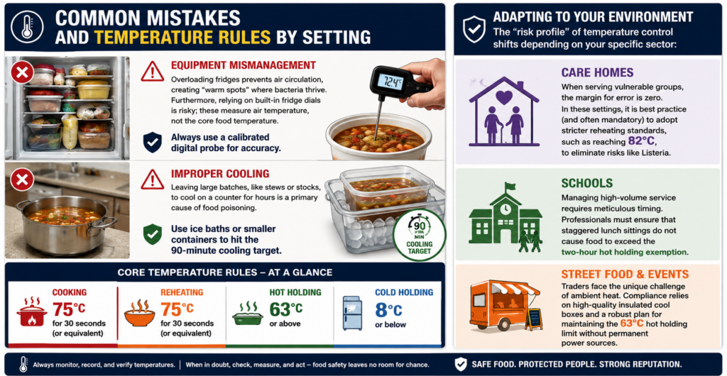 Common Mistakes and Temperature Rules by Setting Even for seasoned food industry professionals, certain oversights can compromise an otherwise perfect safety record. Avoiding these common pitfalls is essential for maintaining a high-standard kitchen: ♦ Equipment Mismanagement: Overloading fridges prevents air circulation, creating “warm spots” where bacteria thrive. Furthermore, relying on built-in fridge dials is risky; these measure air temperature, not the core food temperature. Always use a calibrated digital probe for accuracy. ♦ Improper Cooling: Leaving large batches, like stews or stocks, to cool on a counter for hours is a primary cause of food poisoning. Use ice baths or smaller containers to hit the 90-minute cooling target. Adapting to Your Environment The “risk profile” of temperature control shifts depending on your specific sector: ♦ Care Homes: When serving vulnerable groups, the margin for error is zero. In these settings, it is best practice (and often mandatory) to adopt stricter reheating standards, such as reaching 82°C, to eliminate risks like Listeria. ♦ Schools: Managing high-volume service requires meticulous timing. Professionals must ensure that staggered lunch sittings do not cause food to exceed the two-hour hot holding exemption. ♦ Street Food & Events: Traders face the unique challenge of ambient heat. Compliance relies on high-quality insulated cool boxes and a robust plan for maintaining the 63°C hot holding limit without permanent power sources.