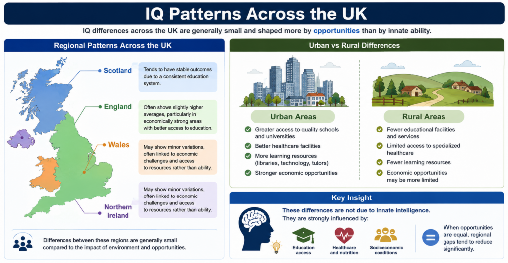 Regional Patterns Across the UK Regional differences in IQ across the UK are generally small, but some patterns can be observed when comparing England, Scotland, Wales, and Northern Ireland. England often shows slightly higher averages, particularly in economically strong areas with better access to education. Scotland tends to have stable outcomes due to a consistent education system. Wales and Northern Ireland may show minor variations, often linked to economic challenges and access to resources rather than ability. Urban vs Rural Differences A more noticeable contrast exists between urban and rural areas: Urban areas usually perform better due to greater access to schools, universities, healthcare, and learning resources. Rural areas may face limitations such as fewer educational facilities and services, which can affect outcomes. Key Insight These differences are not due to innate intelligence. Instead, they are strongly influenced by: Education access Healthcare and nutrition Socioeconomic conditions Overall, when opportunities are equal, regional gaps tend to reduce significantly.