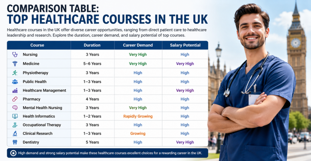Comparison Table: Top Healthcare Courses in the UK